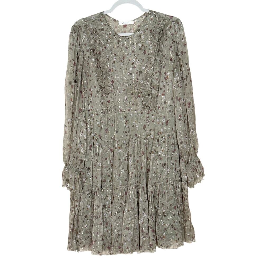 Dorothee Schumacher Long Sleeve Dress Babydoll Silk Chiffon Floral Green Size 10